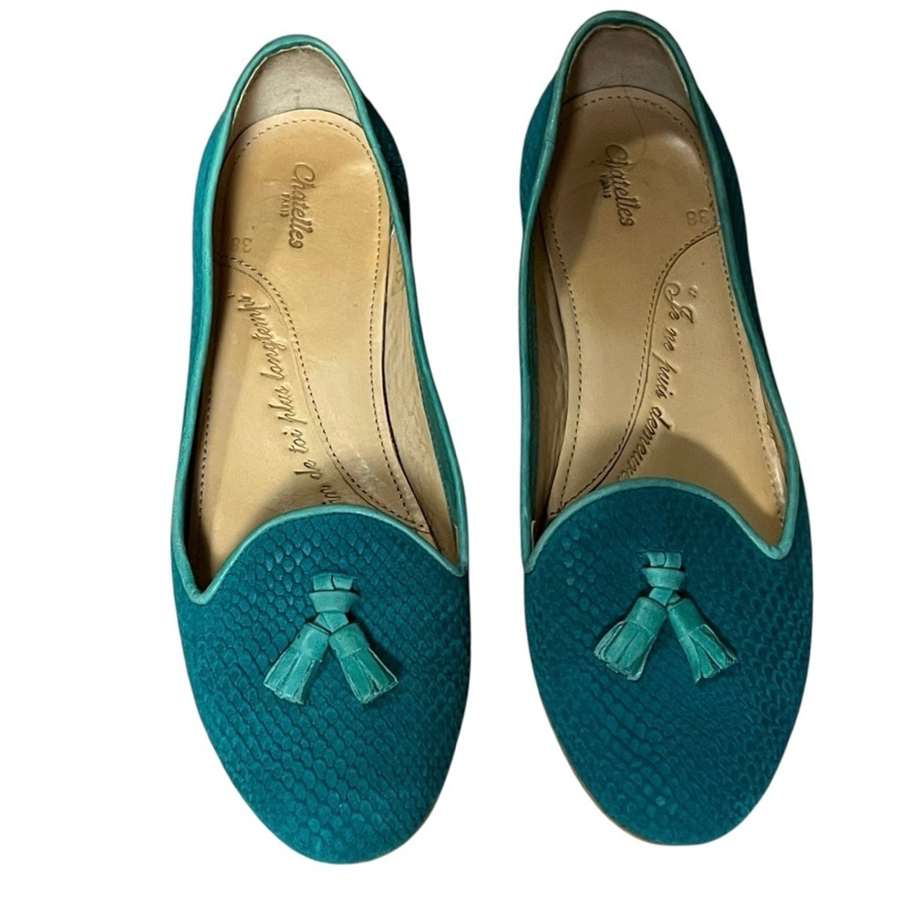 Teal Chatelles Leather Snakeskin Flats Slippers Loafer Tassels — 38 US 7